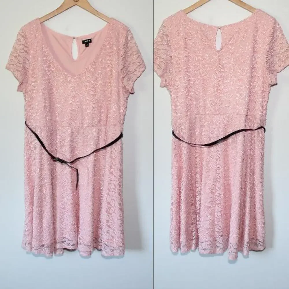 Torrid Sparkle Lace Skater Dress Belted V-Neck Pink Plus Size 2 2X *Read H13562 - Picture 13 of 16